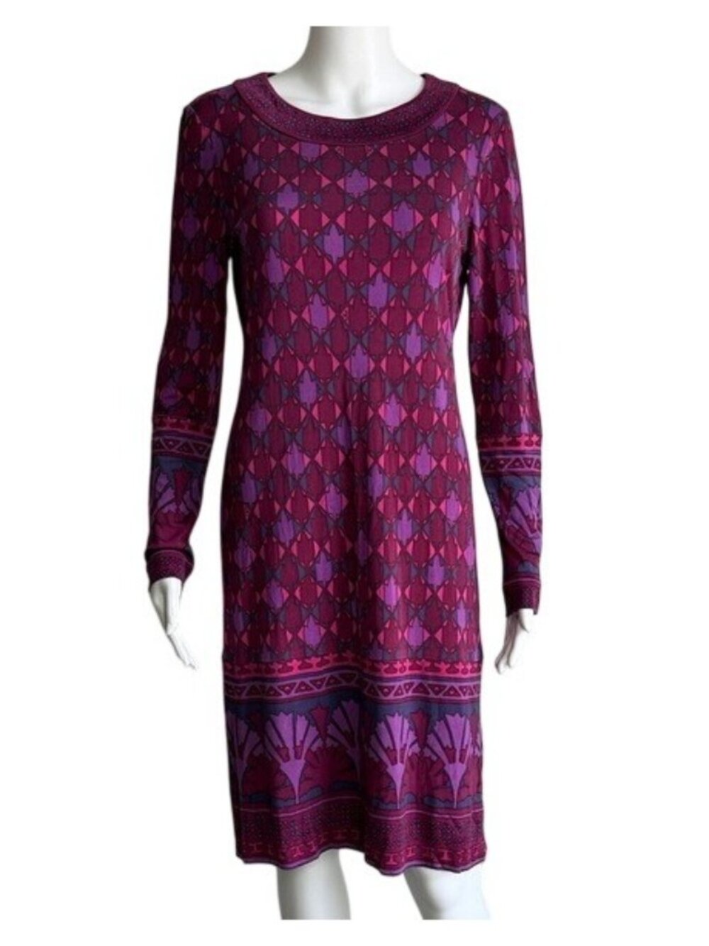 Tory Burch Silk Geometric Print Long Sleeve Dress Magenta Purple Shift Dress M